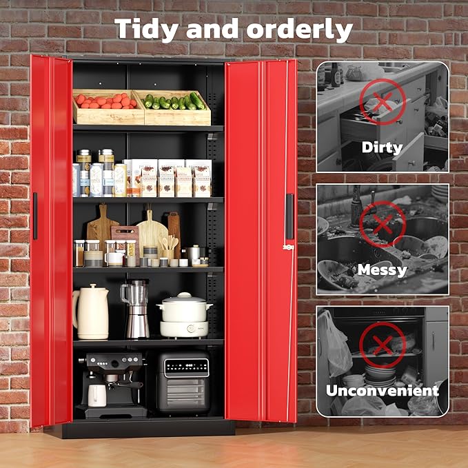 Greenvelly Metal Garage Storage Cabinet, 72" H Steel Lockable Storage Cabinet with 2 Doors and 4 Adjustable Shelves,Tall Metal Cabinet Locking File Cabinet for Office,Home, Garage, Gym, School