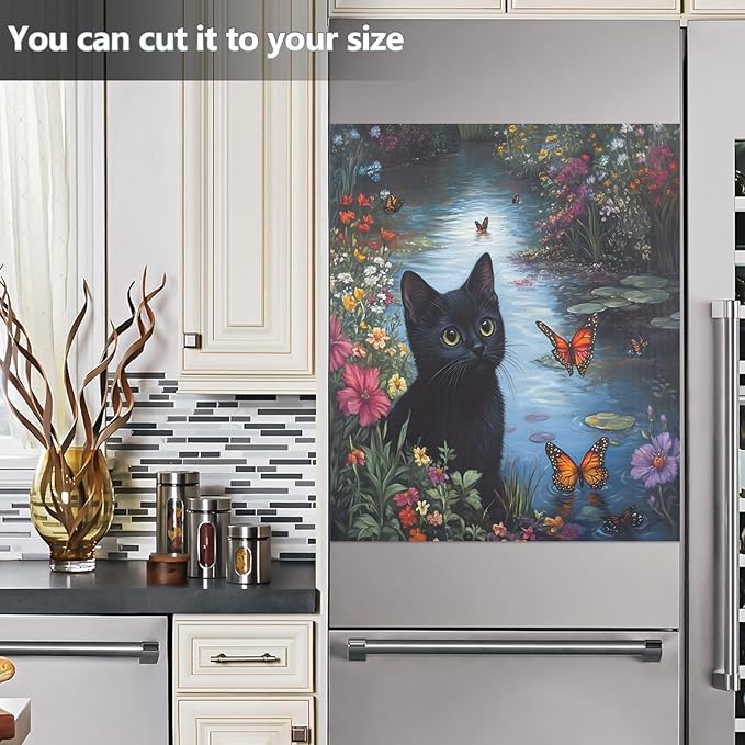 Dishwasher Magnet Cover, Black Cats Flowers Magnet Sticker Fridge Panel Decal for Home Kitchen Decor, 23x26in