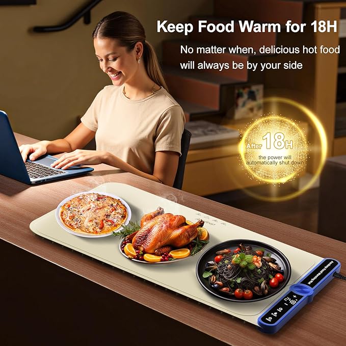 Warming Mat for Food Extra Large (XXL:40”X15”) Food Warming Mat for Countertop Parties Buffet Family 550W 8S Fast Even Heating 9-Level Temp Food Warmer Portable Silicone Kitchen Essential