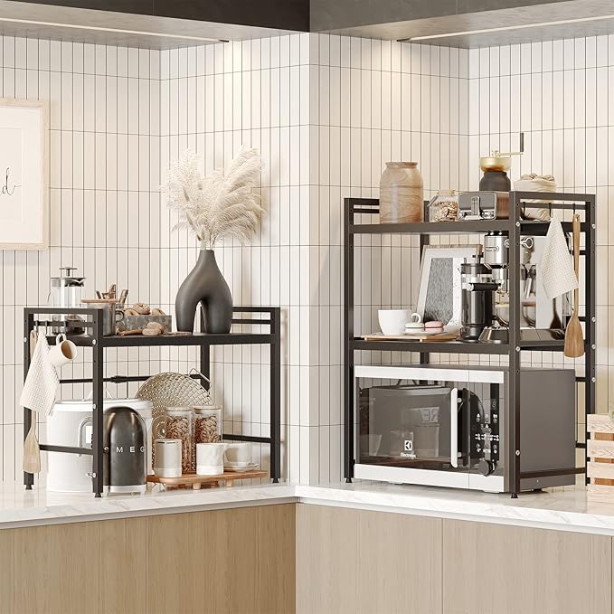 NETEL Expandable Microwave Stand,3 Tier Metal Kitchen Countertop Organizer Shelves with 8 Hooks,Bakers Rack,Microwave Shelf,Microwave Oven Rack,110lbs Weight Capacity