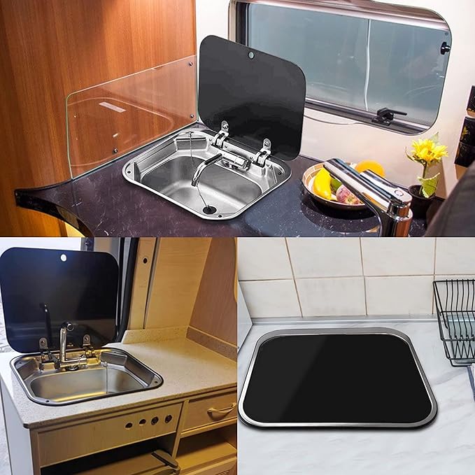 Cafe Bar Kitchen RV Sink with Folding Faucet A and Lid, Stainless Steel Single Bowl Hand Wash Basin Drop In Sink with Cover for Bar Caravan Van RV Camper Motor Home Trailer Accessories