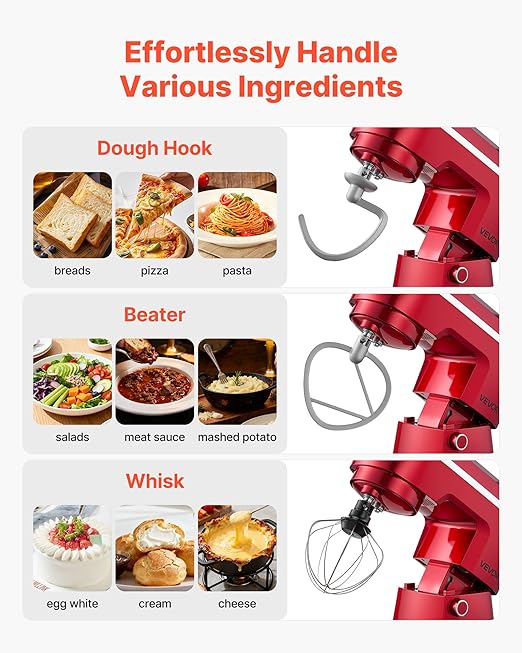VEVOR Stand Mixer, 6 QT Electric Kitchen Mixer, 300W Dough-Mixer, 10 Speeds Tilt-head Food-Mixer with Stainless Steel Bowl, Dough Hook, Whisk, Beater, for Baking, Mixing, Whipping & Kneading, Red