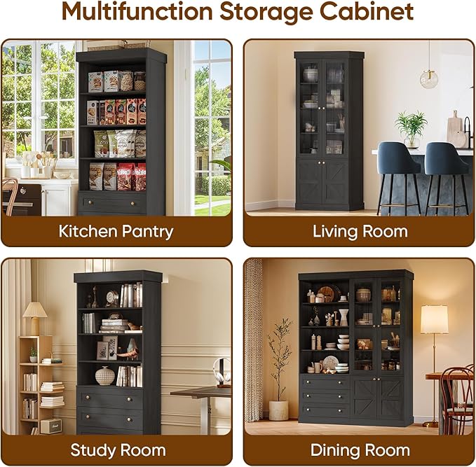 Vyre 71" Tall Farmhouse Kitchen Pantry, Set of 4 Large Storage Cabinets with 3 Drawers, Adjustable Shelves, Wood Versatile Hutch Cabinet for Living Room, Dining Room, Black