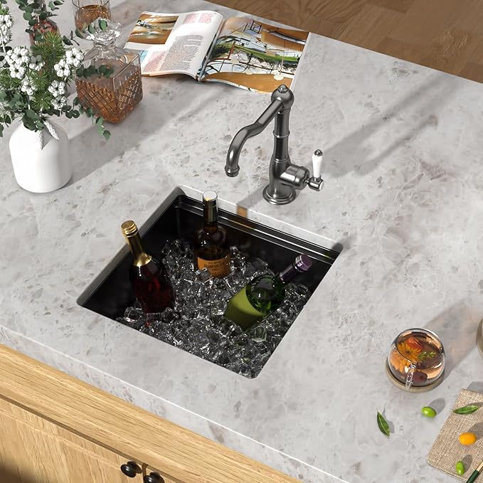 Undermount Bar Sink - 17x17 Inch Workstation Black Bar Sink Stainless Steel Small Wet Prep Sinks 16 Gauge Single Bowl Under Counter Camper Sink with Cutting Board and Assembly #TLU-0019