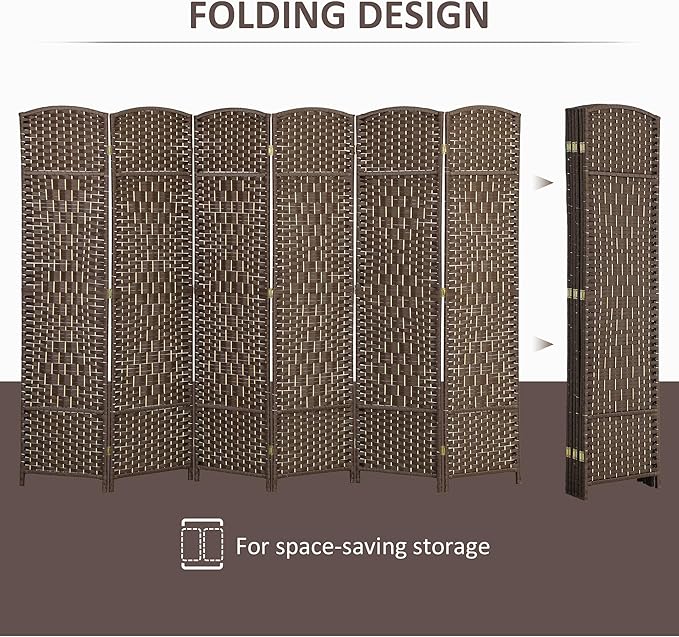 HOMCOM 6 Panel Room Divider, 6' Tall Folding Privacy Screen, Woven Freestanding Wall Partition for Home Office, Bedroom, Brown