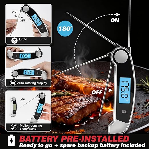 Meat Thermometer Digital Waterproof Instant Read Thermometer for Cooking ℃/℉ Convertible, Food Thermometer with Backlight, Cooking Thermometer for Kitchen Auto-Rotating Display Grey