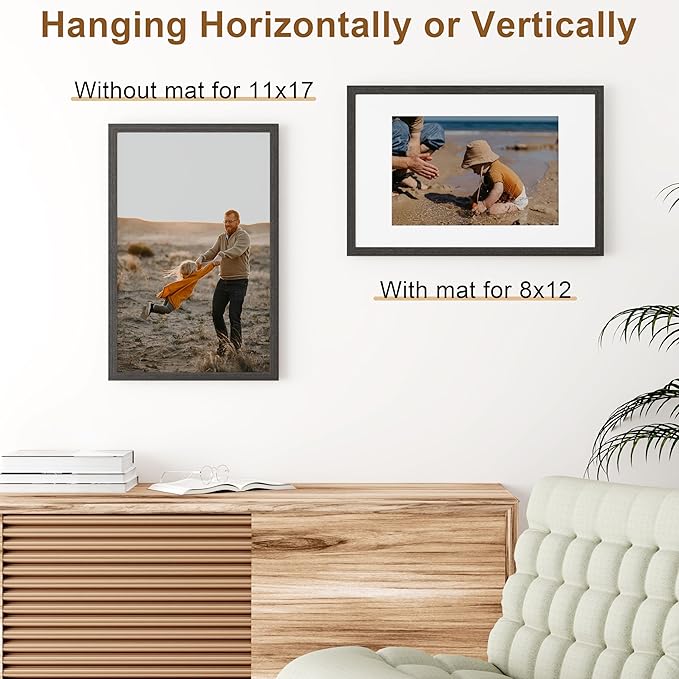 Vittanly 11x17 Picture Frame, Solid Wood Frame with Plexiglass, Includes 8x12 Mat, Wall Hanging for Photos, Home Decor, Black, 1 Pack
