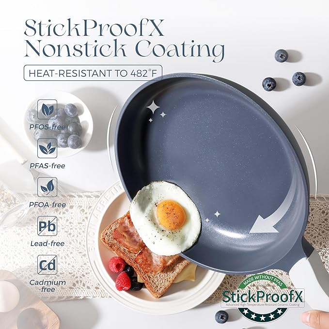 PRICUSIS Nonstick Ceramic Frying Pan Skillet, 8+12 Inch Induction Compatible with Stay Cool Handle, Healthy PTFE PFAS & PFOA Free Omelet Pan, Dishwasher Safe (Blueberry Gray)