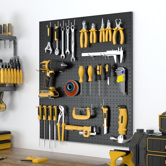 Peg Board, 6 Pack Metal Pegboard Panels Black Pegboards Wall Organizer with 50 Hooks, Heavy Duty Peg Board for Walls Home, Garage Tool Storage, Office Organization, Craft Room, Kitchen