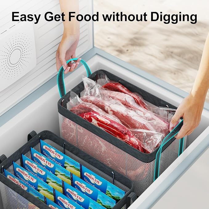 iSPECLE Freezer Organizer Bins - 3 Pack Large Stackable Deep Freezer Organizer Bins for 5 to 7 Cu.Ft Chest Freezers Easy Get Foods without Digging, Faster Freezing Better Freshness, White