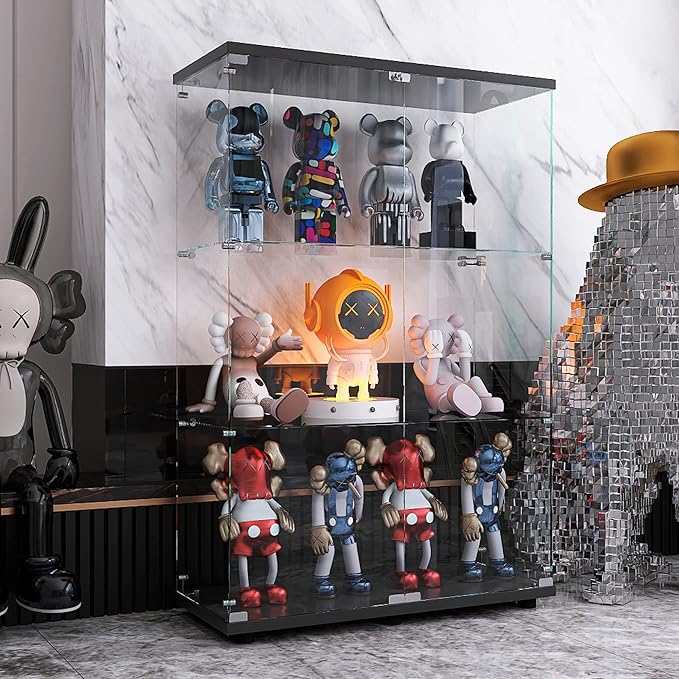 Yoluckea 3 Shelves Glass Display Cabinet with 2 Doors, Floor Standing Clear Glass Curio Cabinet Collection Display Case for Living Room Bedroom 49.49” x 31.77”x 14.37” Black