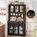 70" Kitchen Pantry Cabinet with Power Outlet| LED Lights, 38" W Kitchen Hutch Storage Cabinet with Countertop, Tall Kitchens Hutch Cabinets for Home Dining Living Room, Black