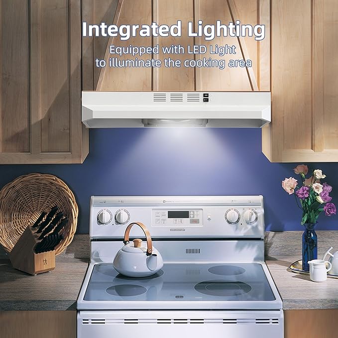SNDOAS 30 inch Under Cabinet Range Hood, Ducted/Ductless Convertible Kitchen Hood, Stainless Steel Vent Hood with LED Light,Under Cabinet Hood with 2 Speed Exhaust Fan,White