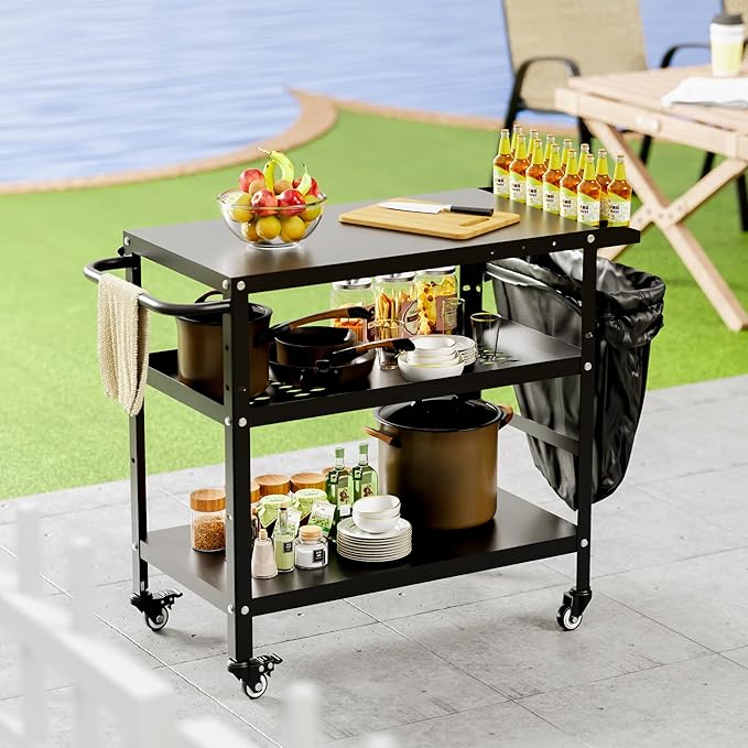 Xilingol Outdoor Grill Cart, Pizza Oven Stand Table with Wheels for Outside Patio, Heavy Duty Movable Outdoor Cooking Prep Table BBQ Cart for Backyard, Camping and Parties