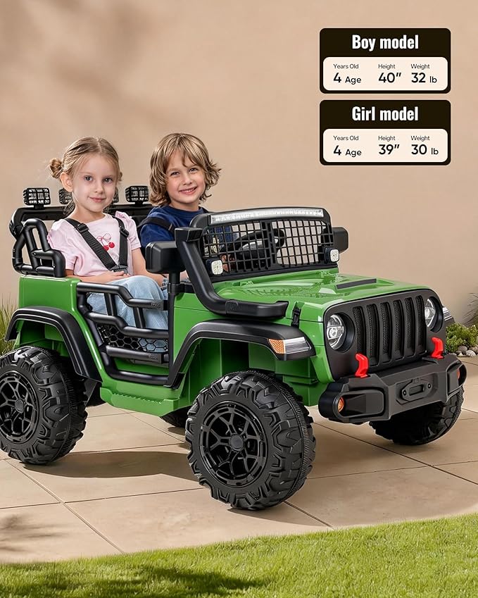 2 Seater Ride on Car Toy, 12V Electric Car for Kids 4-8 with Remote Control, Capacity 110 lb, LED Light - Green