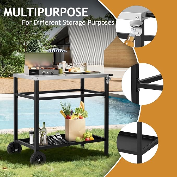 ROVSUN Upgraded Grill Dining Cart Table, Stainless Steel Bar Table Top, Movable Kitchen Island Stand for Outdoor Food Prep, Pizza Oven, Charcoal Accessories, Patio, Garden, Parties