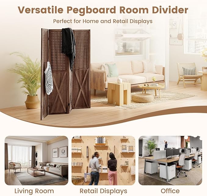 4 Panel Pegboard Wood Room Divider, 5.6Ft Pegboard Display Folding Privacy Screens, Peg Board Display Freestanding for Trade Show Craft Show Home Wall Organizer, Retro Brown