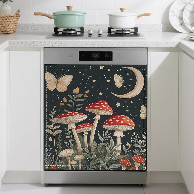 Fantasy Mushroom Dishwasher Magnets Decorative Cover,Butterfly Moon Magnet Fridge Panel Decal for Home Kitchen Decor,23x26 in