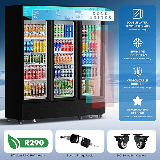73" Commercial Beverage Refrigerators Glass Door Refrigerator,55 Cu.ft.Upright Display Cooler with Soft LED Light and Adjustable Shelves for Restaurant Grocery Stores Home