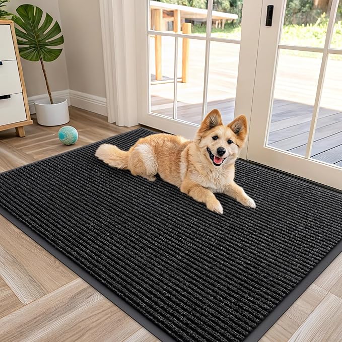 OLANLY Front Door Mat Indoor Outdoor Entrance, Waterproof Heavy Duty Doormat, Fade Resistant, Low Profile, Easy Clean Patio Porch Welcome Floor Mats for Entry, 47x30, Off-Black