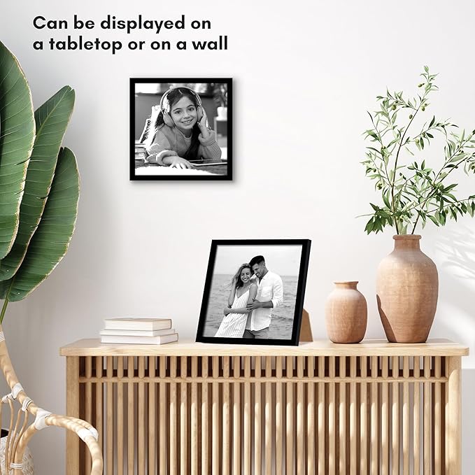 Americanflat 10x10 Picture Frame with Shatter-Resistant Glass - Streamline Collection - Thin Border Square Frame for Tabletop and Wall Display - Hanging Hardware and Easel Stand Included - Black