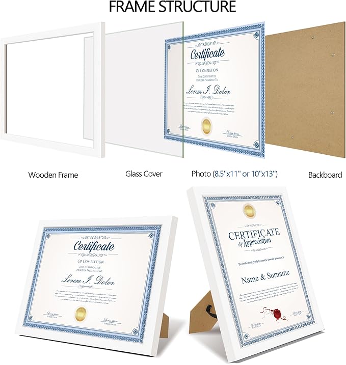 8.5x11 Diploma Frame with Tempered Glass, Multi Certificate 8.5 by 11 Photo Frame Bulk for Wall or Tabletop Display(White, 3 Pack)