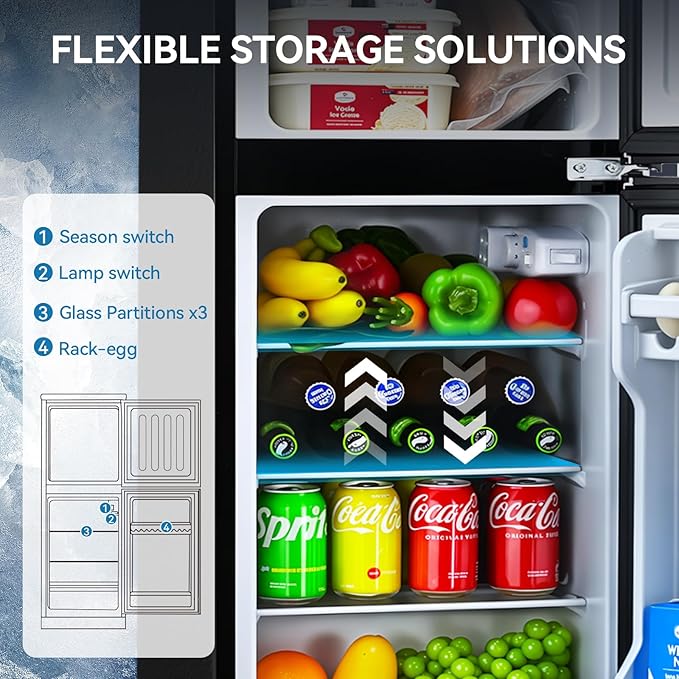 4.0 Cu.Ft Fridge with Freezer, Double Door Refrigerator with 6 Level Thermostat, LED Light, Adjustable Glass Shelves for Bedroom, Office, Dorm, Apartment, Black