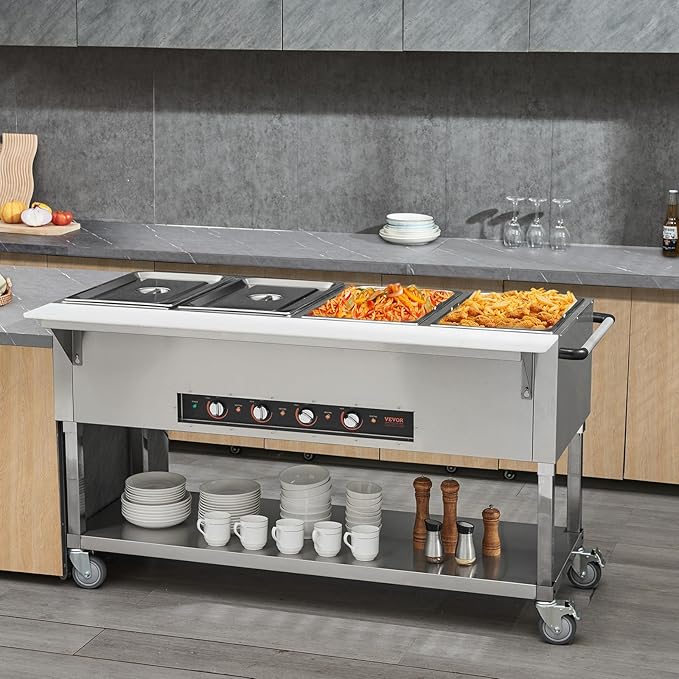 VEVOR Commercial Food Warmer, 2000W Electric Steam Table with 4 x 20.6QT Pans, Versatile Food-Grade Stainless Steel Server with Countertop & Shelf, Movable Buffet Catering Warmer for Party Restaurant