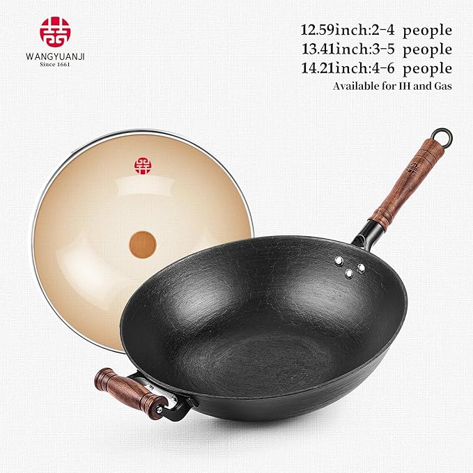 WANGYUANJI Cast Iron Wok,14.1 inch Flat Bottom Wok with Glass Lid,Suitable for All Cooktops, Uncoated Craft Pot Healthy Cooking Pot