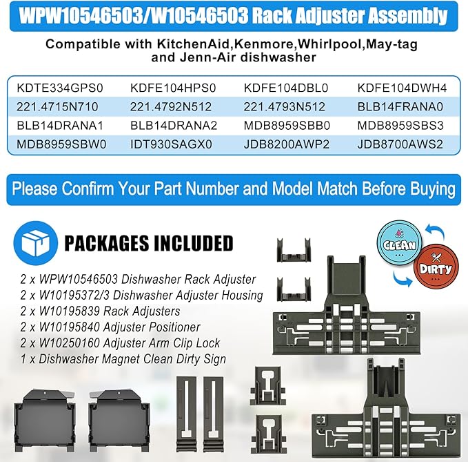 Upgraded WPW10546503 W10546503 Dishwasher Upper Rack Adjuster Assembly & W10195372/3 Dishrack Adjuster Housing for Kitchenaid Dishwasher Parts KDTE334GPS0 KDFE104HPS0 Top Rack Adjuster, 10Packs