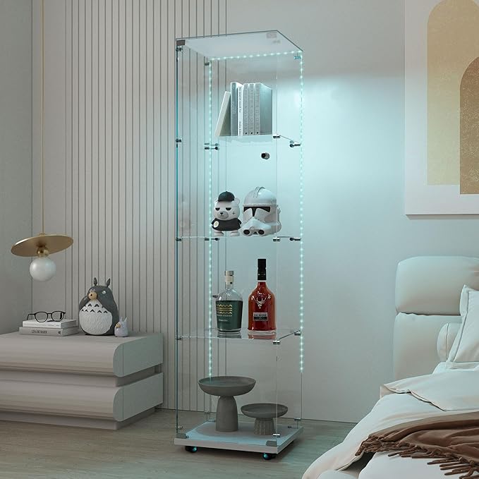 Yoluckea 4 Tiers Glass Display Cabinet with Bluetooth LED Light Strip, 1 Door Floor Standing Curio Cabinet with Universal Wheel for Home Office Display, White Glass Bookshelf for Collections,Clear Top