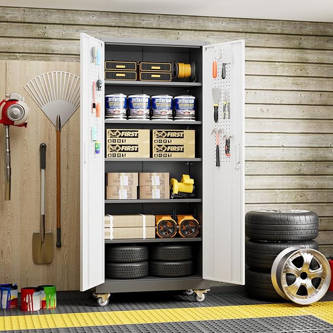 Aobabo Upgraded Garage Storage Cabinets with Wheels,Metal Storage Cabinets with 5 Adjustable Shelves for Garage Home Office Storage, Grey&White,71''H*32''W*16''D,Assembly Required
