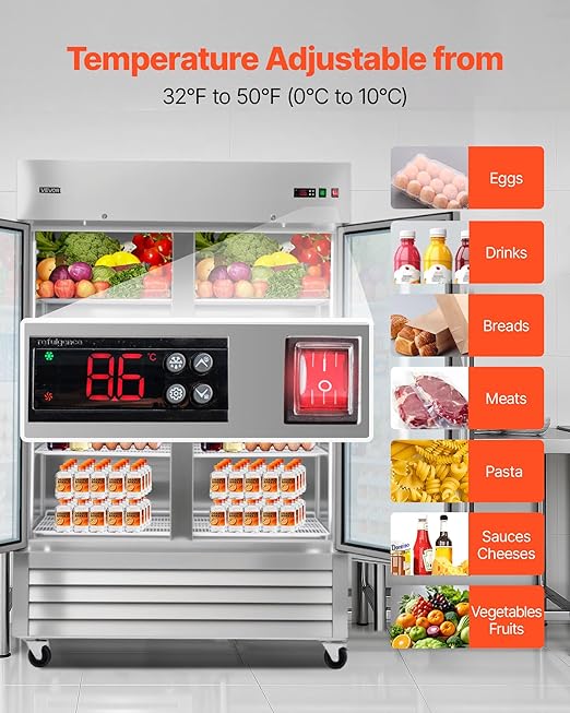 VEVOR Commercial Reach-In Refrigerator 54" W, 44 Cu.Ft Stainless Steel Upright Refrigerator with Double Glass Doors, Auto-Defrost, 8 Adjustable Shelves, 32 to 50℉ Temp Control, ETL Certified