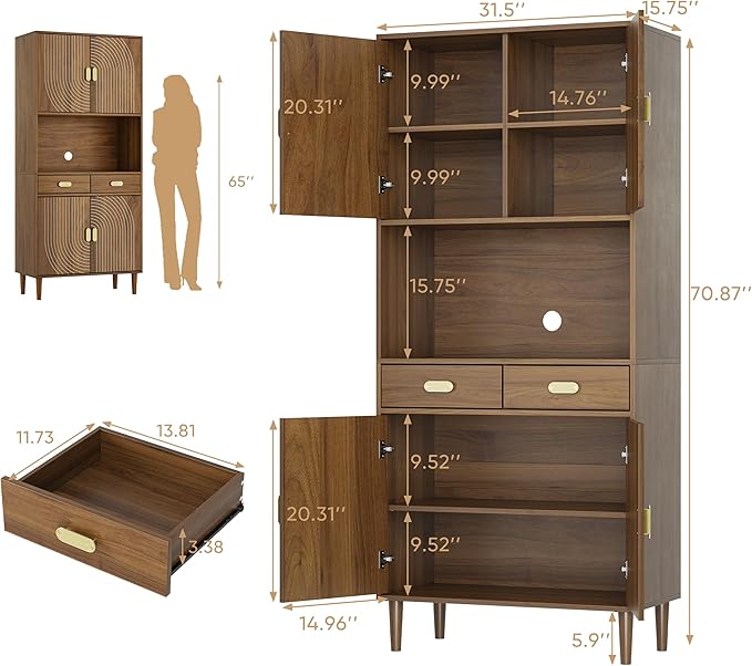 Smuxee 70.87" Walnut Kitchen Pantry Cabinet, Tall Food Pantry Cabinet with Line Groove Design, Kitchen Hutch with Microwave Stand for Dining Room, Living Room, Bar