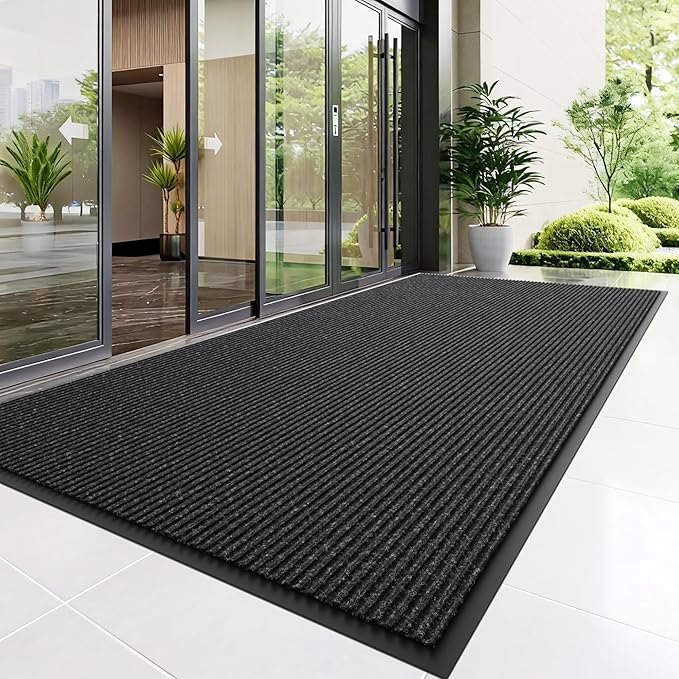 Front Door Mat, 5' x 3' Heavy Duty Indoor Outdoor Door Mat Entrance, Commercial Welcome Mats, Stain and Fade Resistant, Durable Rubber Backing, Low Profile Entry Mat for Patio, Black Stripe