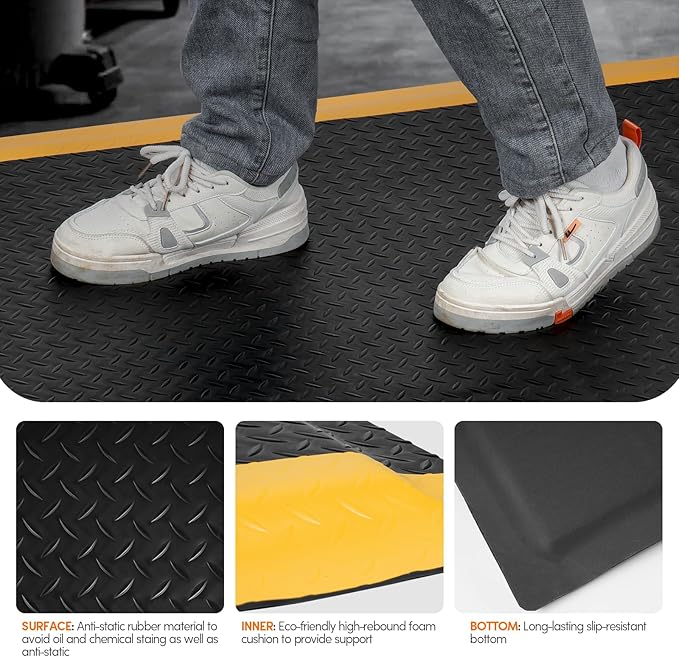 Anti Fatigue Mats Industrial 2' x 7' 15/16" Thick Sponge Base Heavy Duty Commercial Diamond Plate Ergonomic Standing Floor Mat Industrial Floor Mats Helps Relieve Back and Leg Soreness