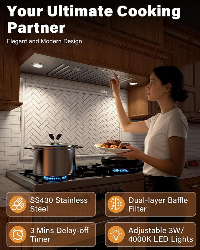 36 inch Stainless Steel Insert Range Hood - 900 CFM, Ultra-Quiet 4-Speed Vent, Button Control, LED Lights, Ducted/Ductless Convertible