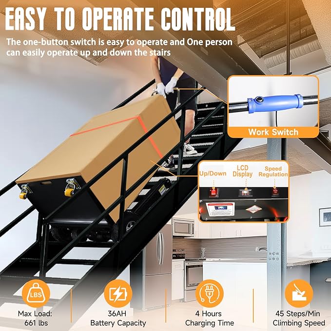 Electric Stair Climbing Dolly, 661lb 600W Powered Electric Stair Climbing Hand Trucks Dolly Cart with Rubber Tracks for Moving, Heavy Duty Stair Climber (Pure Black)