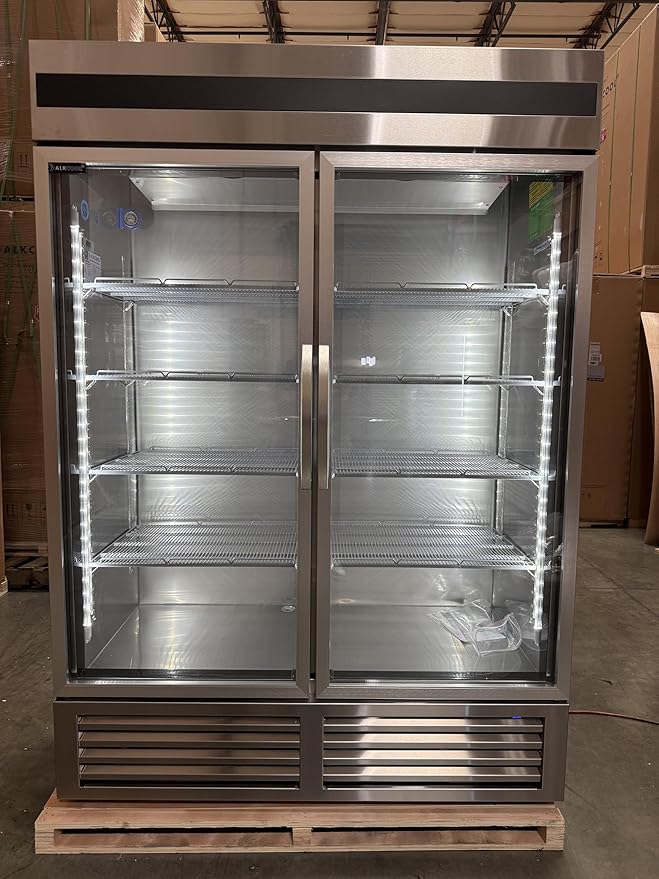 Commercial Stainless Steel Beverage Refrigerator Display Fridge,Two Glass DoorMerchandiser Drink Cooler with LED Light Adjustable Shelves,46 Cu Ft, ETL Sanitation,(Wheels Not Included)