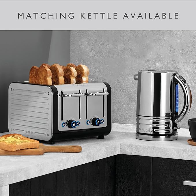 Dualit Design Series 4 Slice Toaster | Polished Stainless Steel with Black Trim | Extra-Wide Slots – Peek and Pop Function – Patented Perfect Toast Technology – Matching Kettle Available