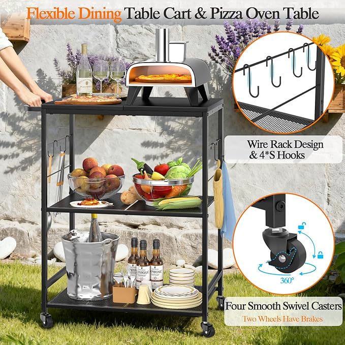 Grill Cart for Outside, 3-Tier BBQ Food Prep Rolling Table Cart, with 23.62" Lx 15.75" W Stainless Steel Tabletop, Outdoor Pizza Oven Table Ideal for Patio Backyard Kitchen Tools Room