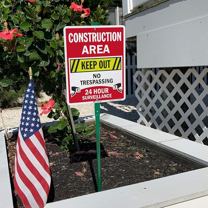 SmartSign 12" x 10" 'Construction Area Keep Out, No Trespassing, 24 Hour Surveillance' Yard Sign with 3 foot Stake, 40 mil Aluminum 3M Laminated Engineer Grade Reflective, Set of 1, USA-Made