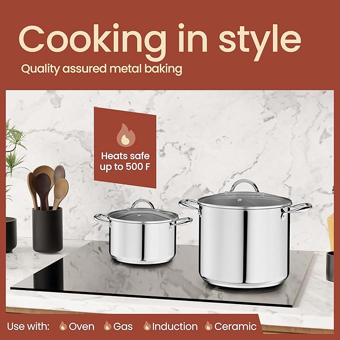 Stainless Steel Stockpot with Tempered Glass Lid 12 Quart, Durable 18/0 Stainless Steel, Impact-Bonded Base for Even Heating, Riveted Handles, Oven & All Stove Compatible, Safe Up To 500°F (260°C)