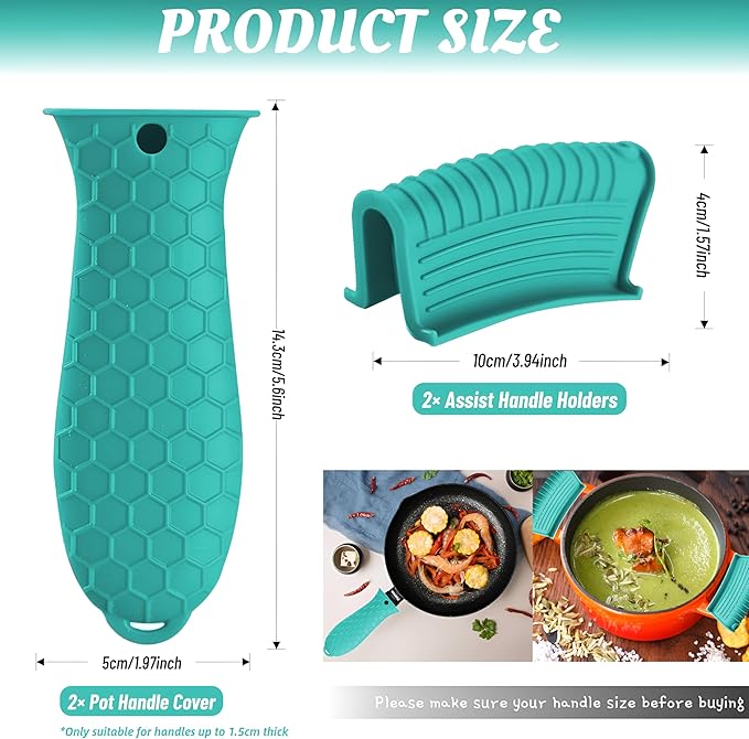 4 Pack Silicone Hot Handle Holder Cover Cast Iron Handle Cover Silicone Pot Holders Heat Resistant Assist Pan Handle Sleeve Non-Slip Pot Handle Covers for Cast Iron Skillet Metal Pan(Green)