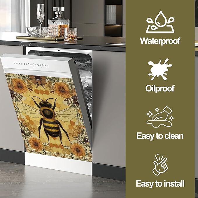 Animal Bee Dishwasher Magnets Decorative Cover,Beehive Floral Magnet Fridge Panel Decal for Home Kitchen Decor,23x26 in