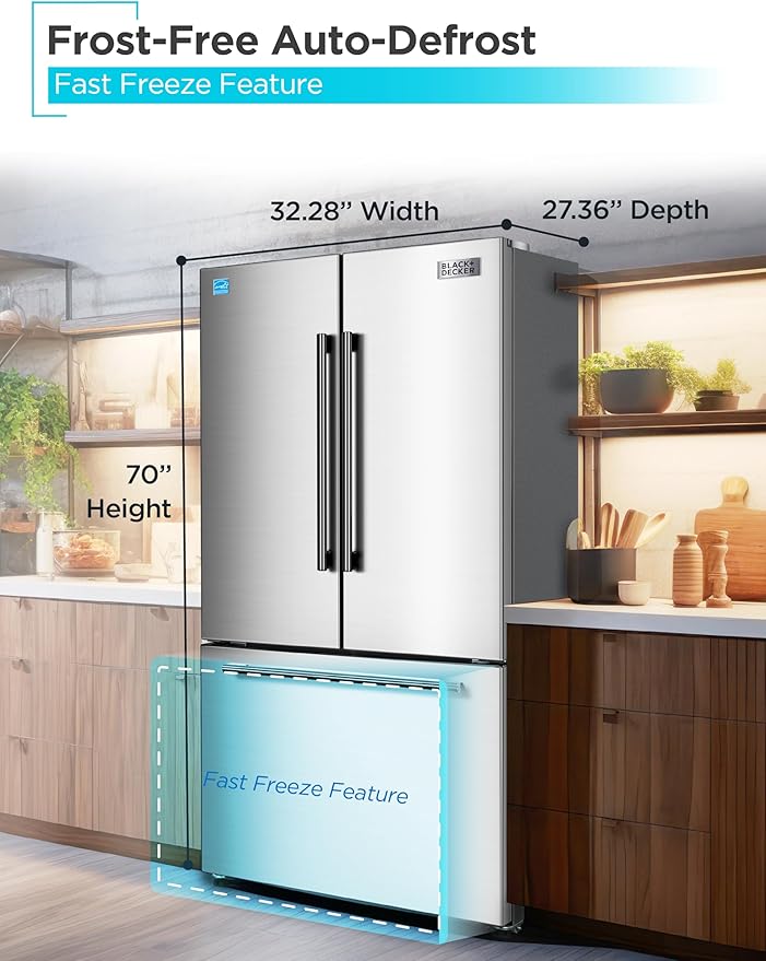 BLACK+DECKER 18 Cu. Ft. French Door Refrigerator with Built-in Ice Maker, Full Size Refrigerator with Bottom Mount Freezer Drawer, Frost Free, ENERGY STAR certified, BRF1800GIMS, Stainless Look