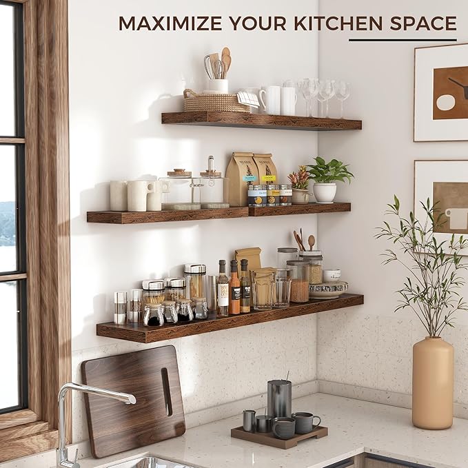 Floating Shelves for Wall 24"W x 6.7"D x 1.37"H, Engineered Wood Wall Shelves with Invisible Brackets for Living Room Bedroom Bathroom Office Kitchen Decor and Storage, Rustic Brown Finish, Set of 2