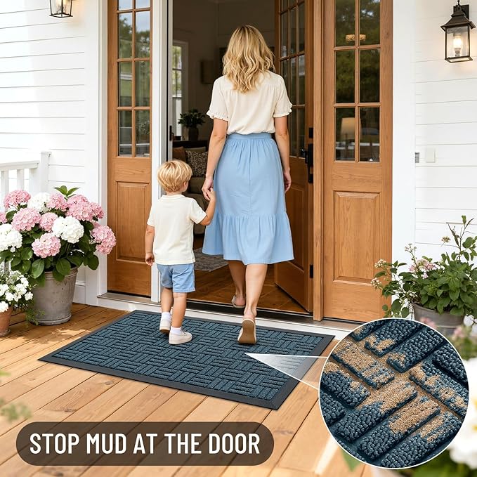 OLANLY Front Door Mat Outside Entrance 33x21, Absorbent, Heavy Duty Sturdy Natural Rubber Doormat Indoor Outdoor, Non-Slip, Stain and Fade Resistant, Low Profile Floor Mat for Entryway, Lake Blue