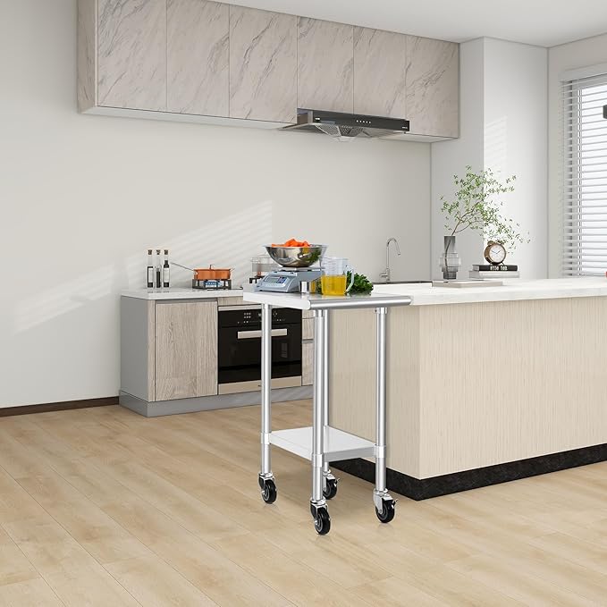 HARDURA Stainless Steel Commercial Work Table with Wheels Prep & Work Metal Table 24×18 Inches Heavy Duty NSF with Casters and 2" Backsplash