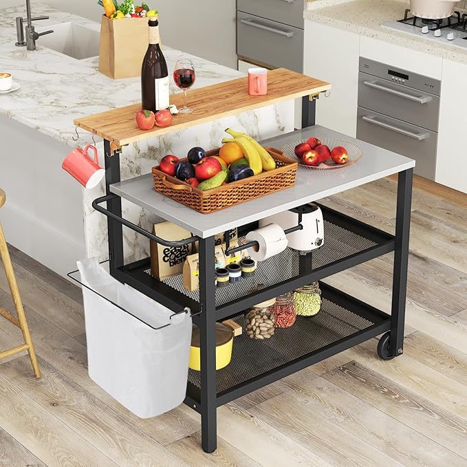 GOFLAME Outdoor Patio Cart Table, Kitchen Shelf on Wheels with Flip Top, Trash Bag Holder, Movable Hooks, Side Handle, Rolling Dining Grill Table, 4-Tier Serving Cart for Home, Bar (Without Chairs)